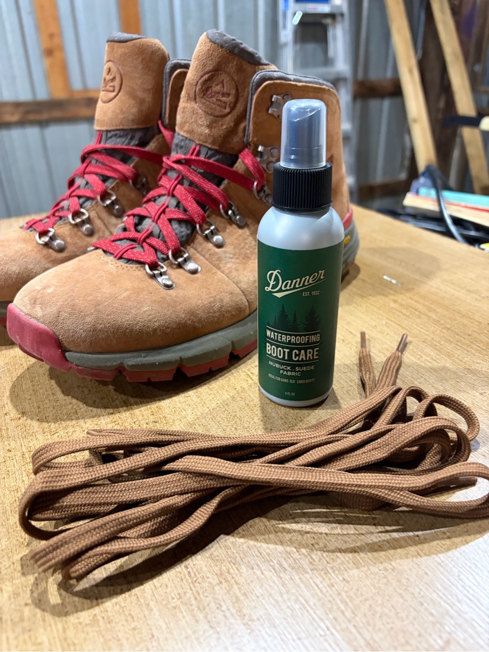 Danner Tan Suede Hiking Boots with Red Laces and Boot Care Spray